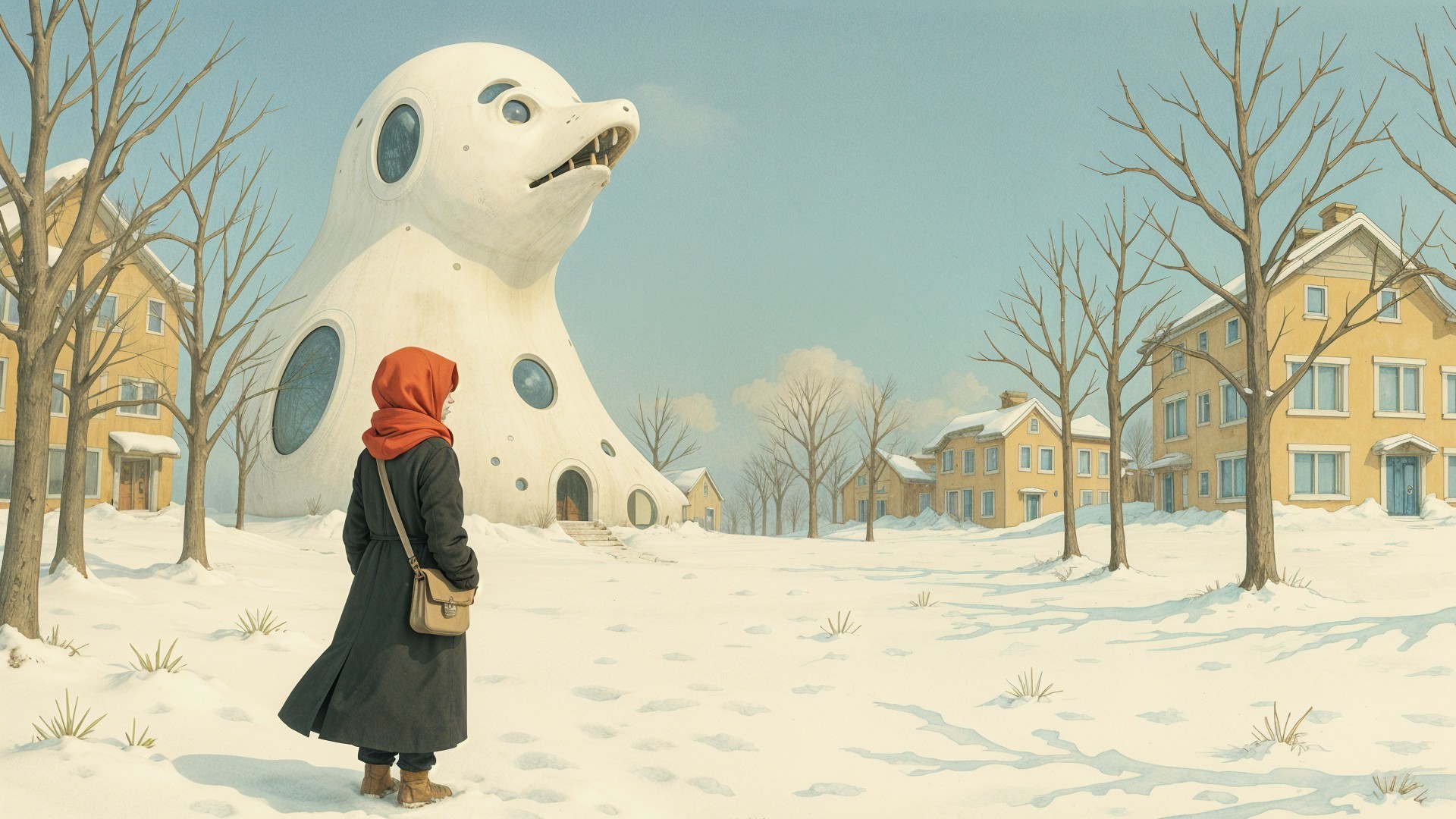 Snowy Landscape with Whimsical Creature Building