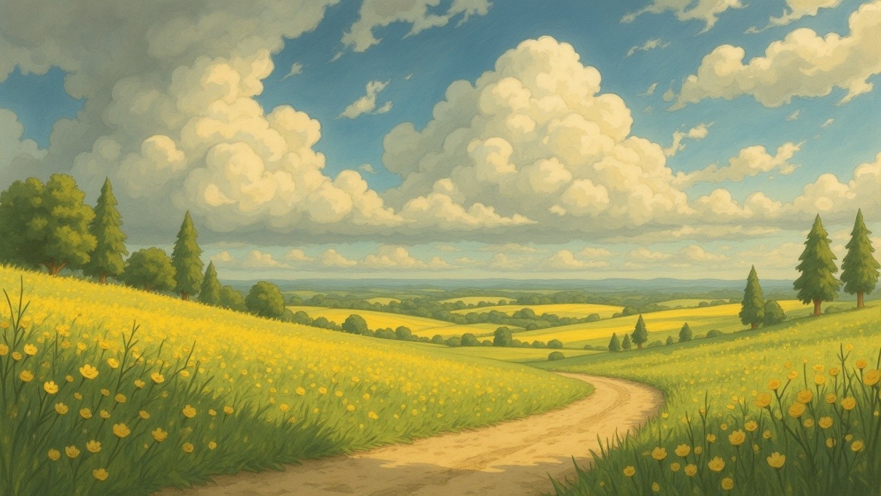 Serene Countryside with Yellow Wildflowers and Hills