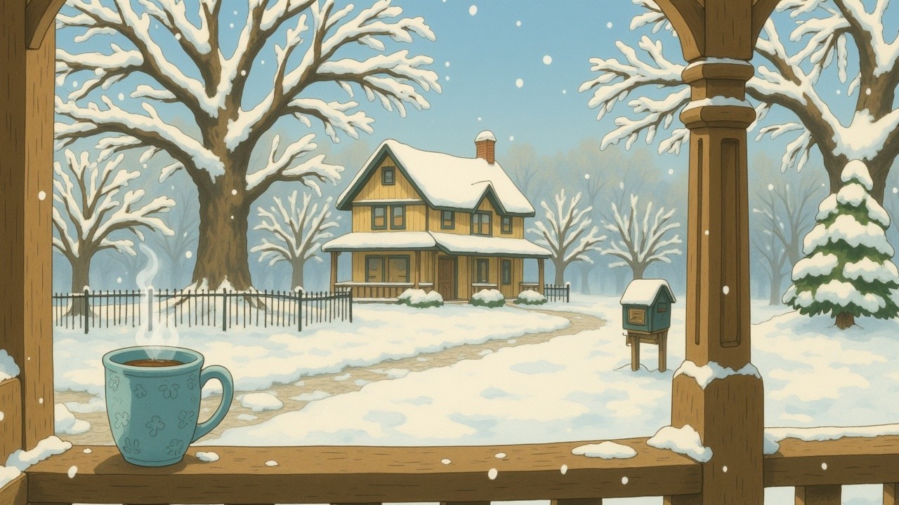 Cozy winter scene with snow-covered house and trees