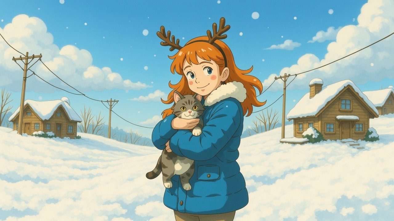 Cheerful girl with orange hair in snowy landscape