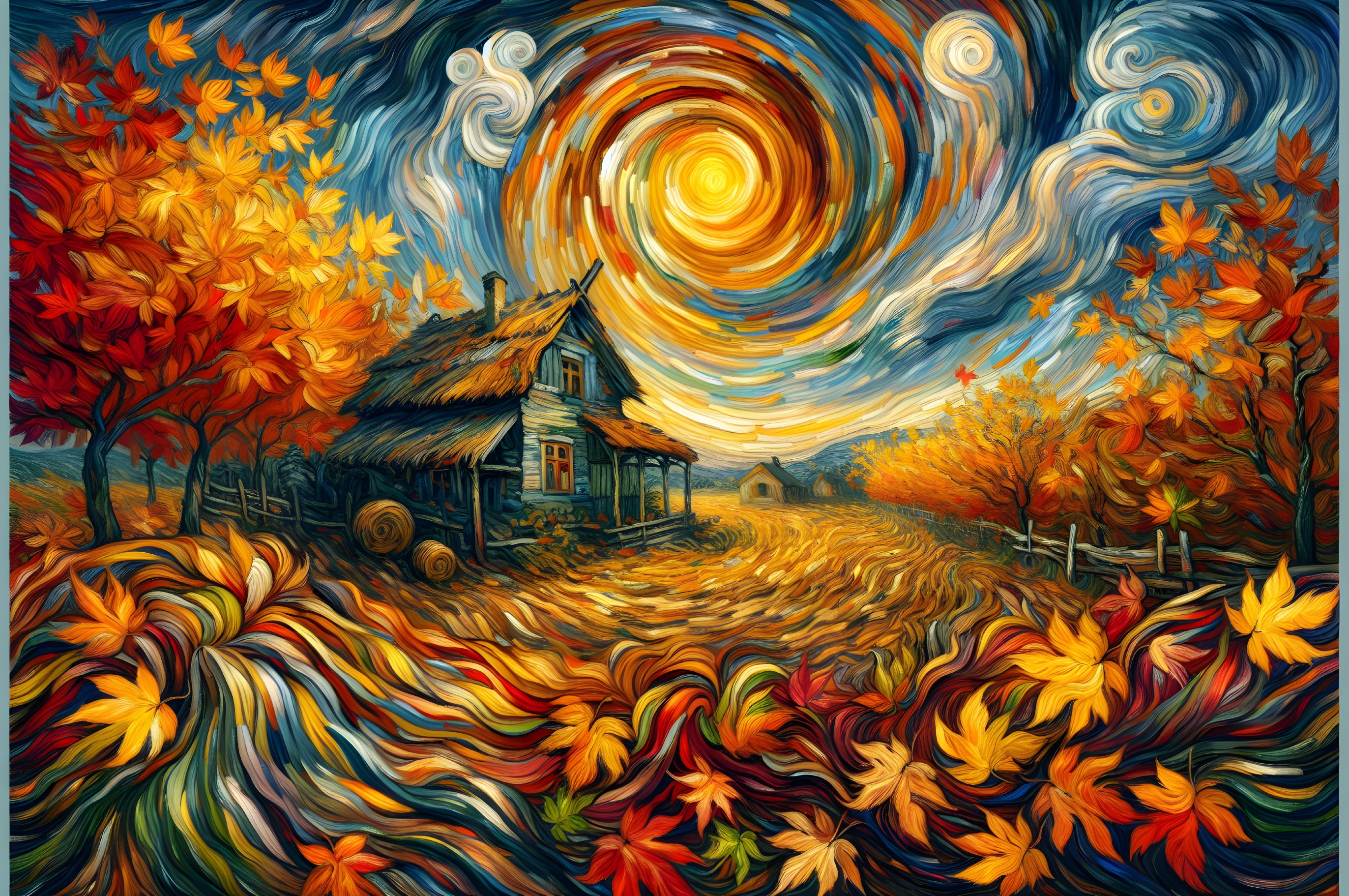 Vibrant Autumn Landscape with Quaint Cottage and Trees