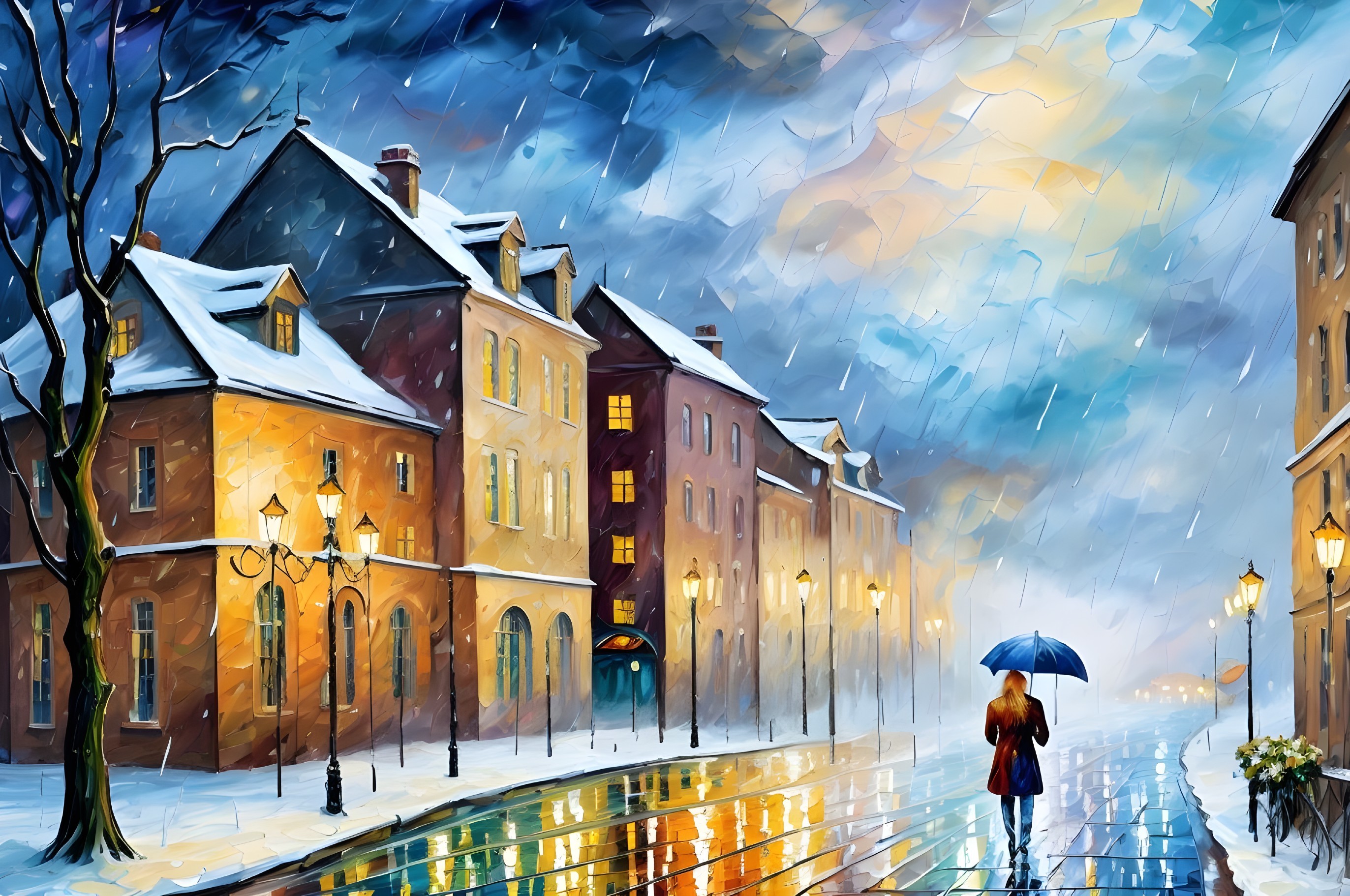 Woman with blue umbrella on a snowy street scene