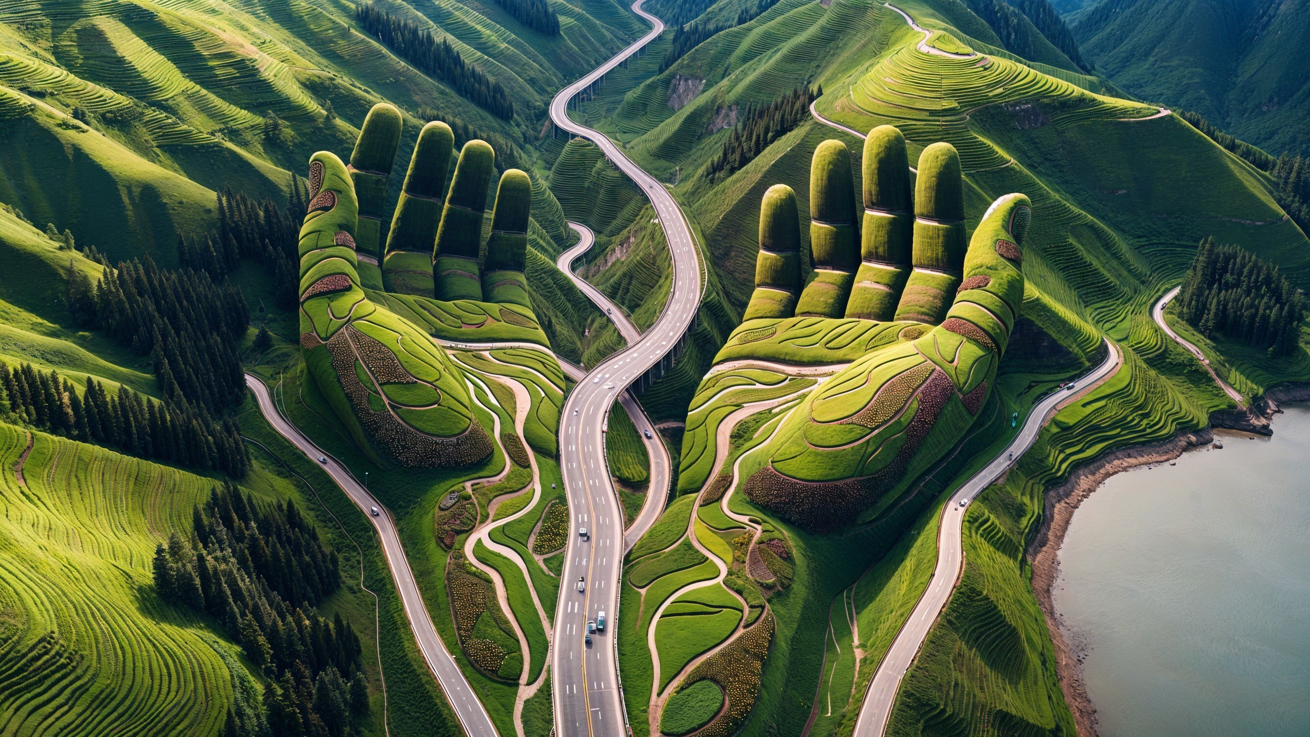Aerial View of Green Hands and Scenic Landscape