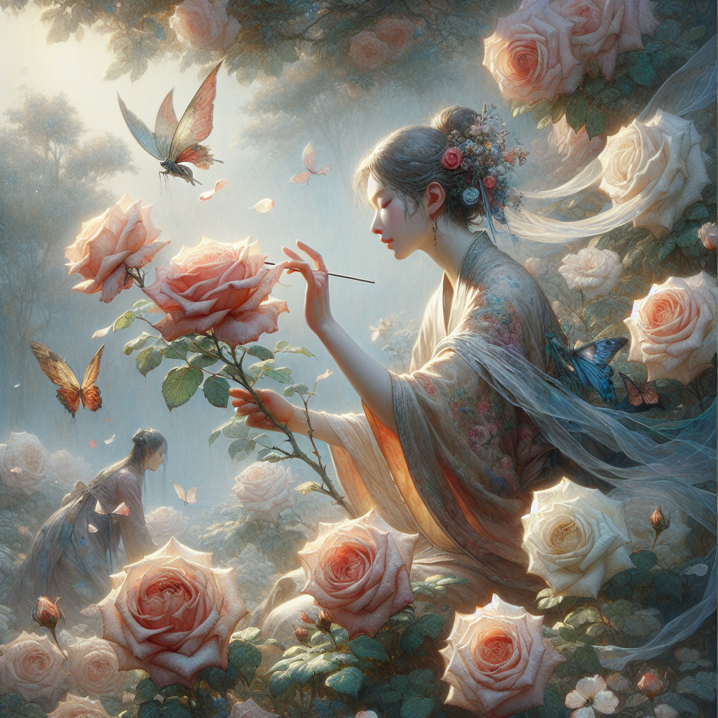 Ethereal Garden Scene with Woman and Butterflies