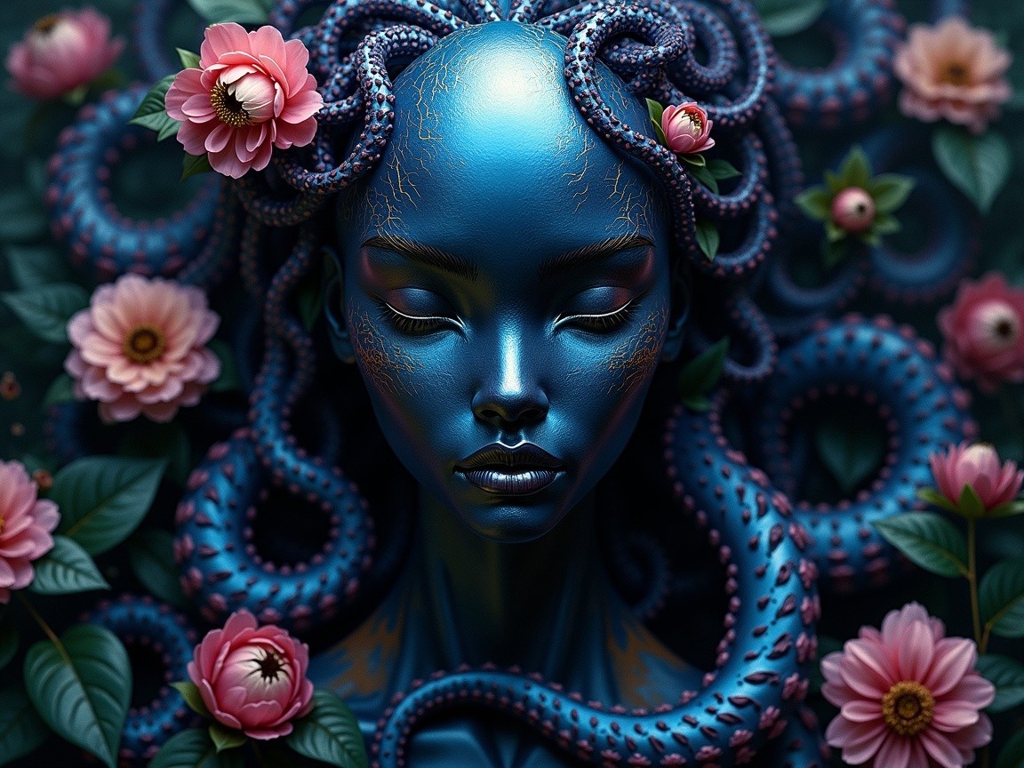 Surreal Female Figure with Blue Skin and Tentacles
