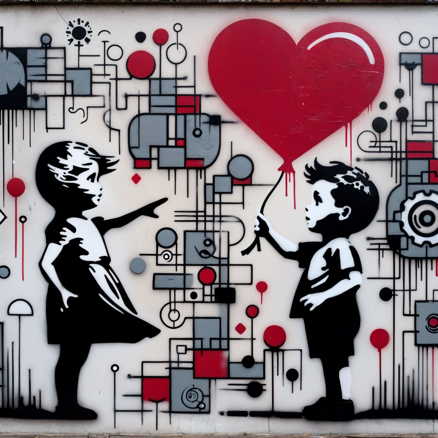 Vibrant Mural of Children with Heart Balloon and Patterns