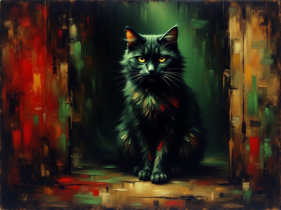 Elegant Black Cat with Vivid Green Eyes in Abstract Colors
