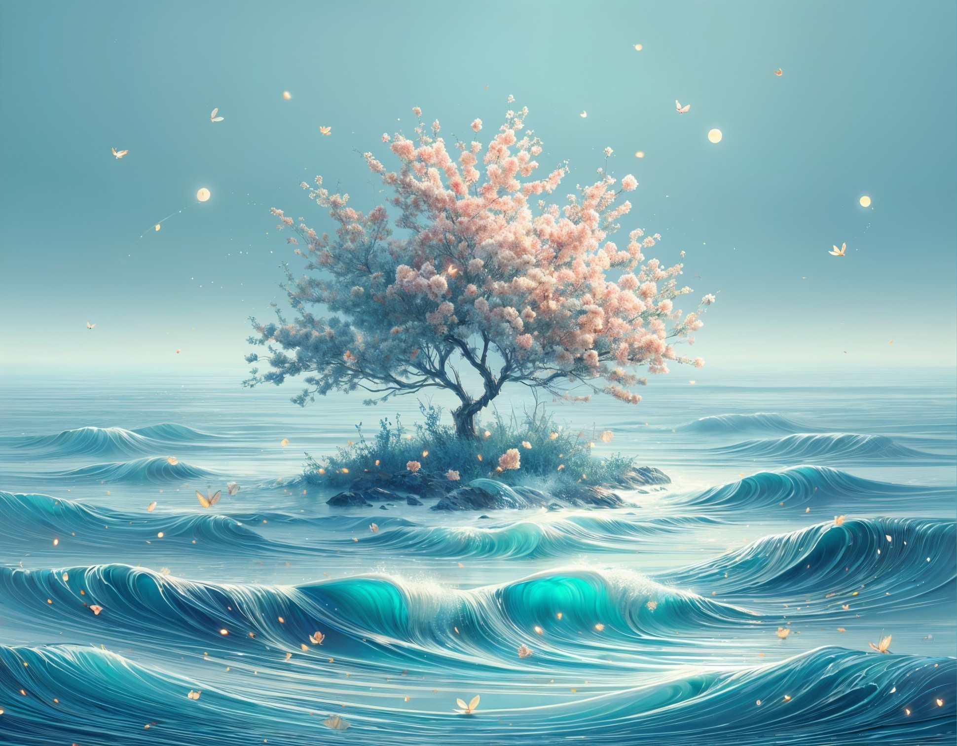 Solitary Blossom Tree on Serene Island Landscape