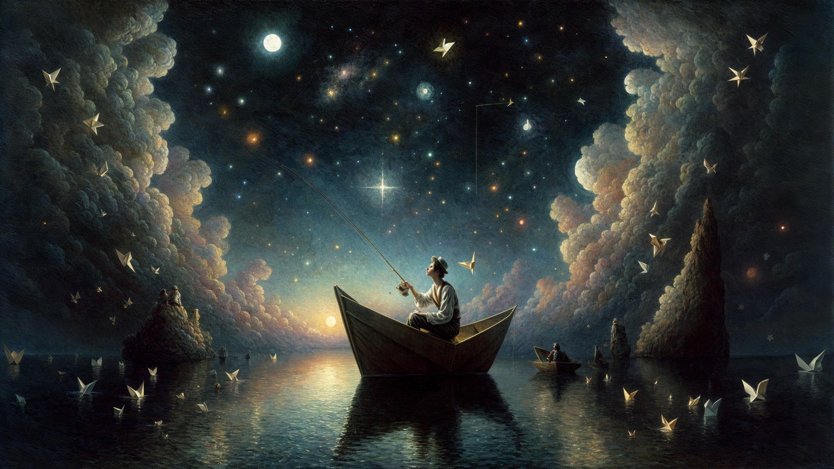 Lone Fisherman in Boat Under Starry Sky with Cranes
