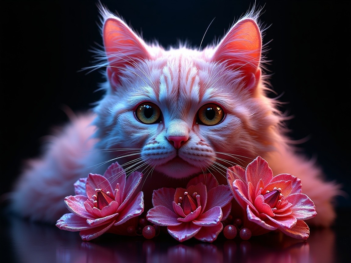 Fluffy White Cat Among Vibrant Pink Flowers