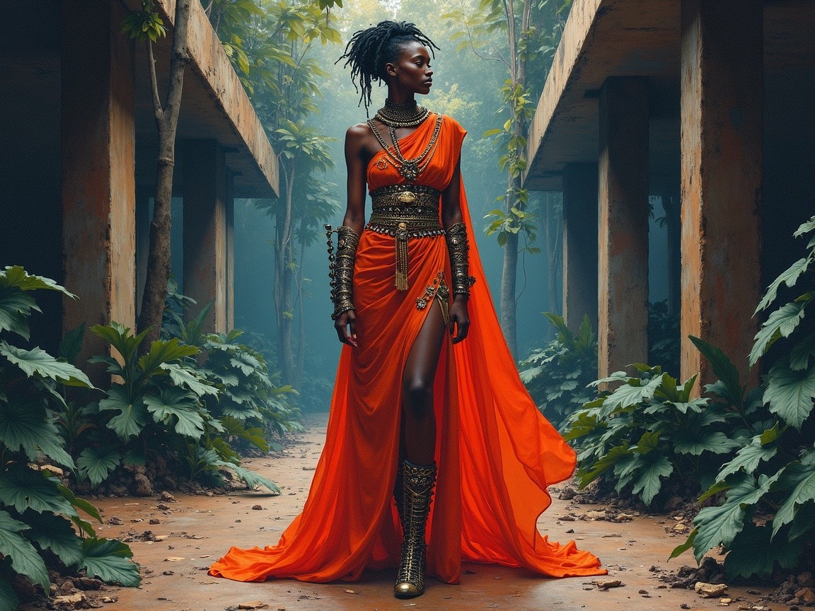 Confident Figure in Vibrant Orange Gown Surrounded by Greenery