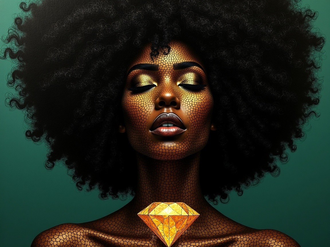 Portrait of a Woman with Curly Hair and Glamorous Details