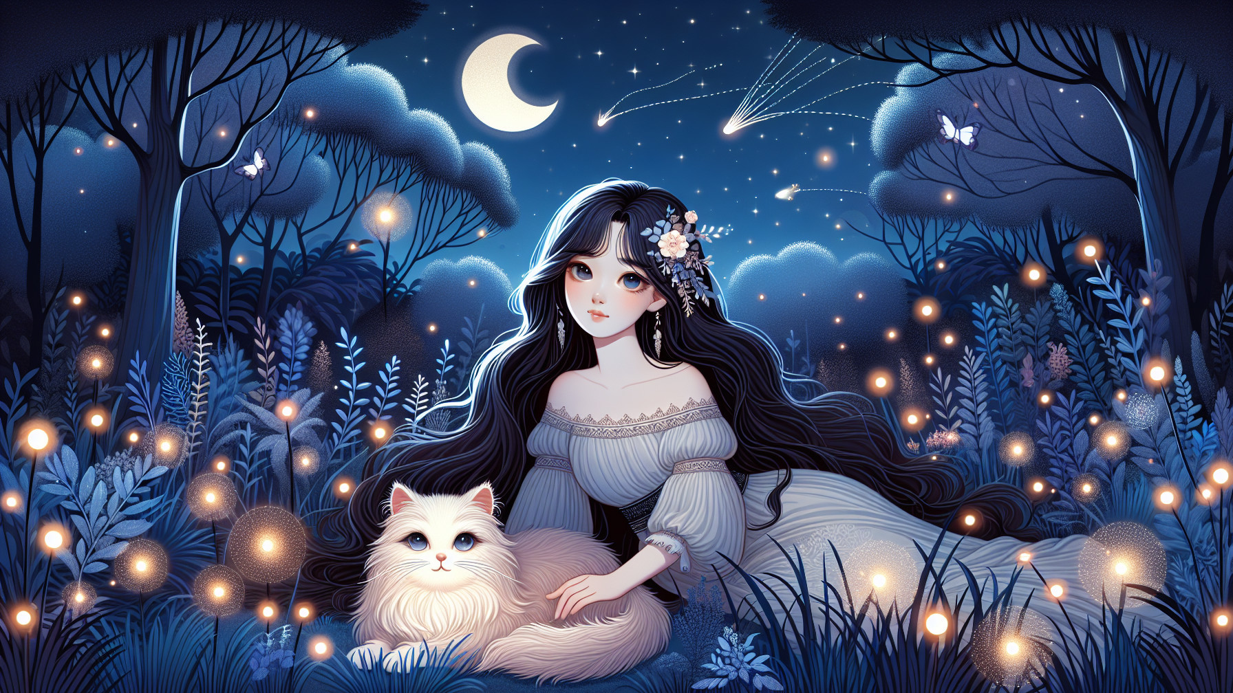 Young Woman in Magical Forest with Glowing Orbs
