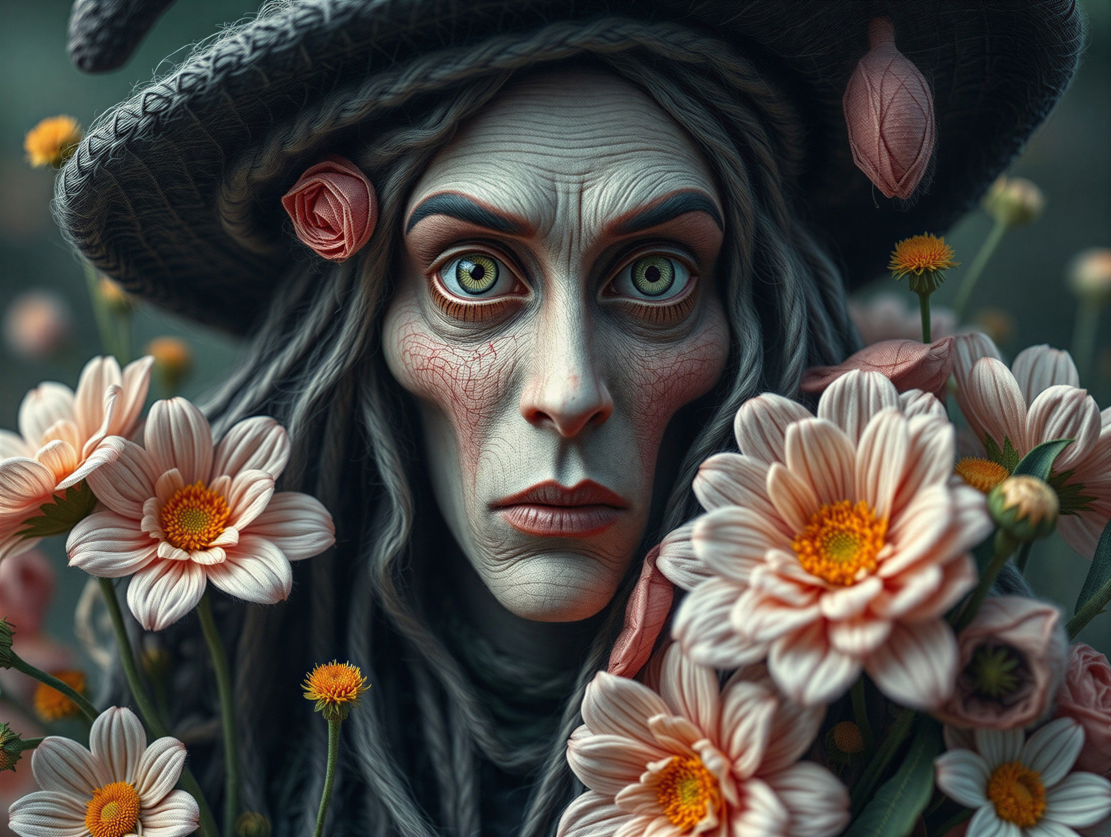 Haunting Figure Amidst Vibrant Flower Bouquet