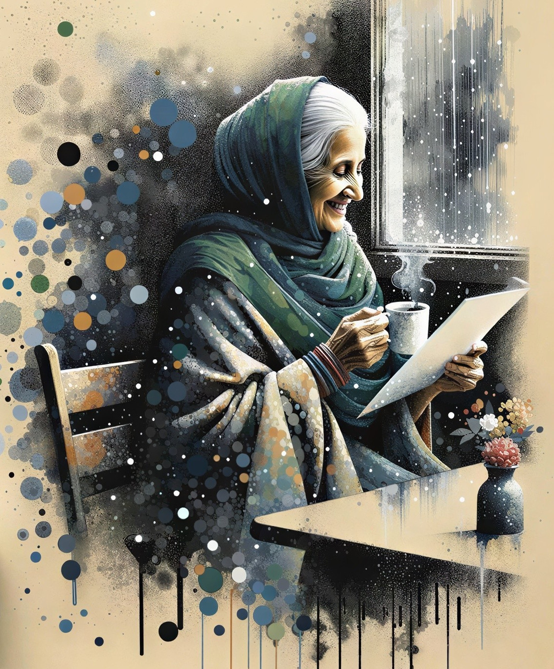 Elderly Woman Smiling with Cup and Snowy Window Scene