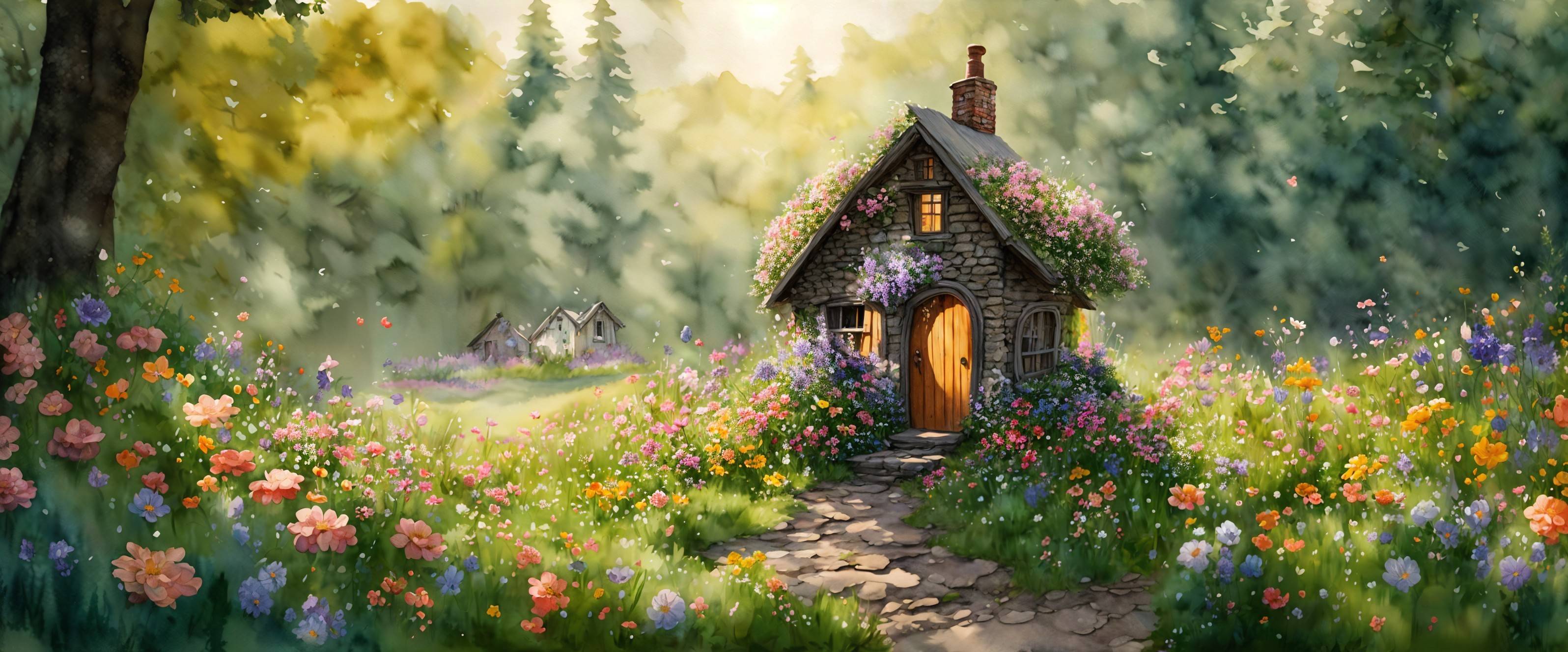 Charming Cottage Surrounded by Vibrant Flower Garden