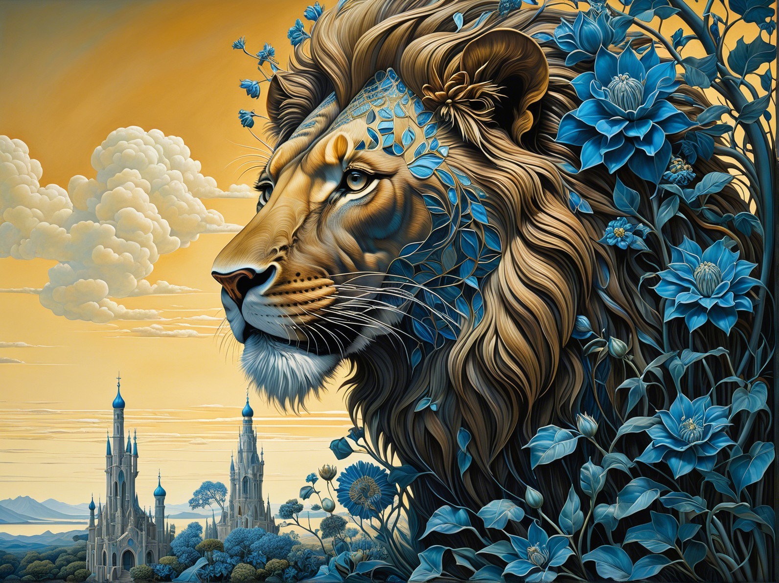 Lion with Floral Mane and Whimsical Background