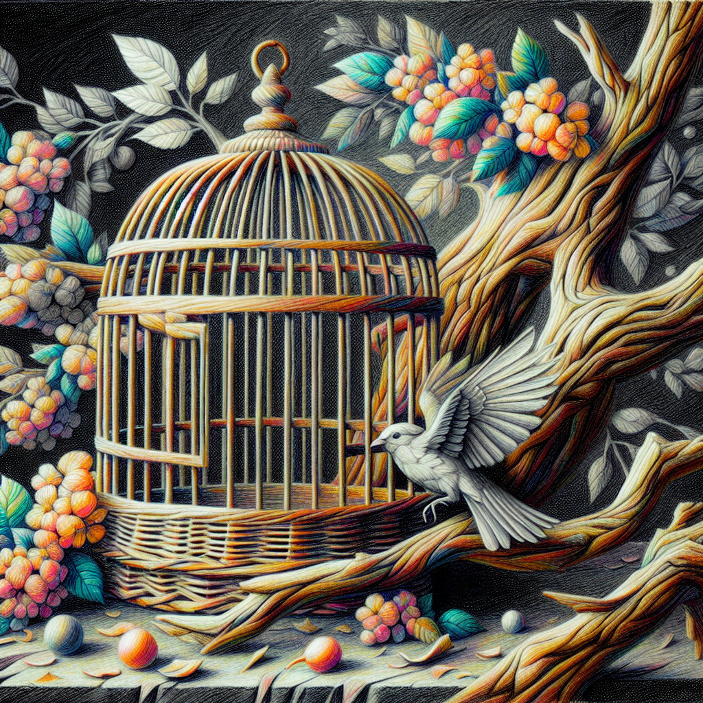 Birdcage Surrounded by Flowers and a White Bird