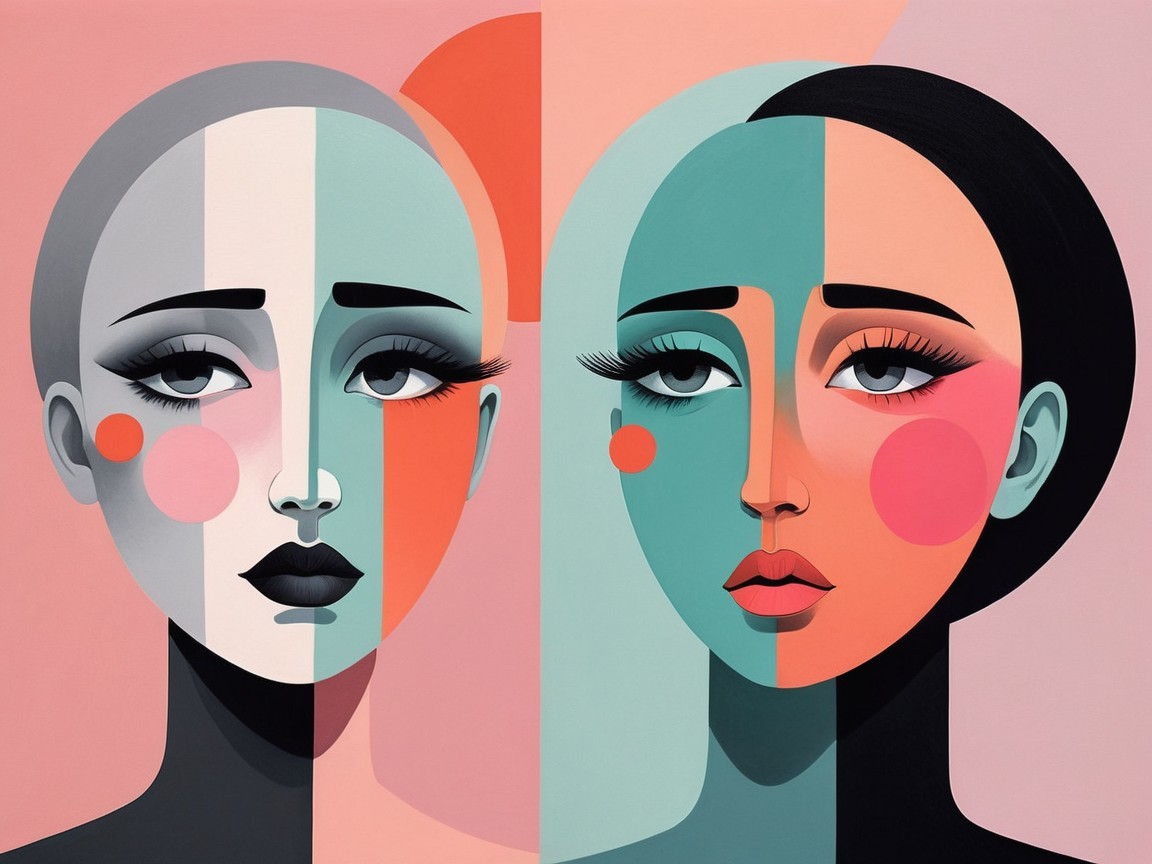 Stylized Artwork of Duality in Female Faces
