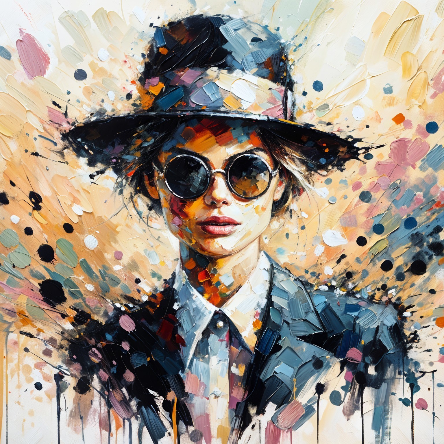 Stylish Woman in Hat Against Vibrant Abstract Background