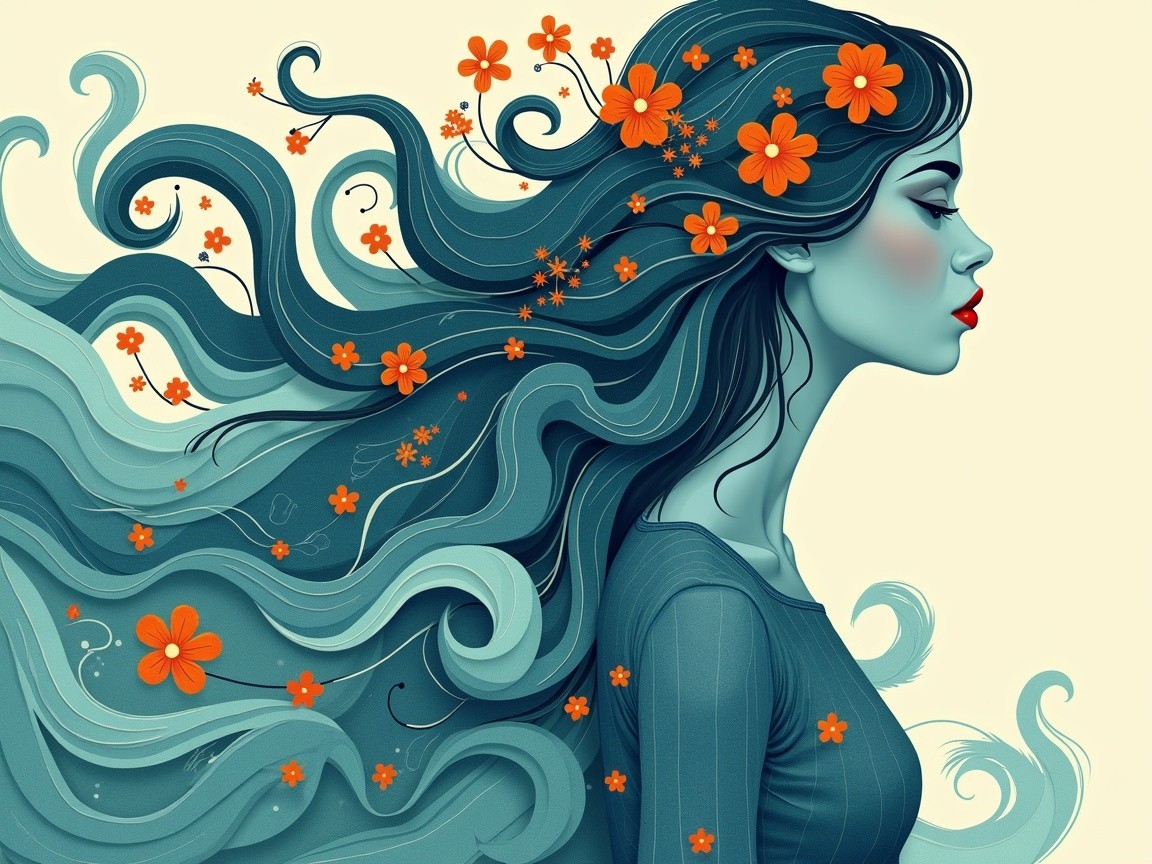 Profile of a Woman with Blue Hair and Orange Flowers