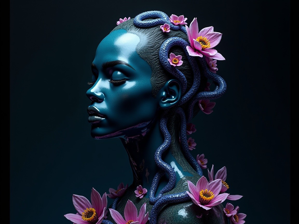 Blue-toned figure with serpents and pink flowers