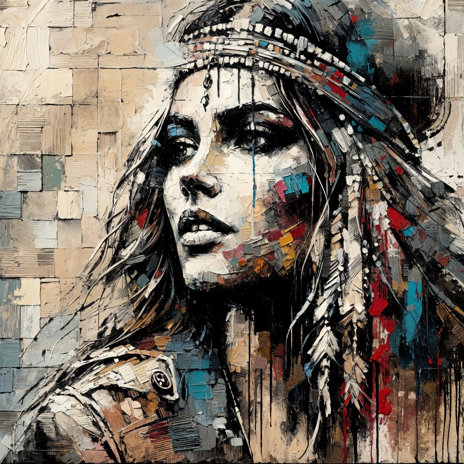 Portrait of a Woman with Beaded Headband and Feathers