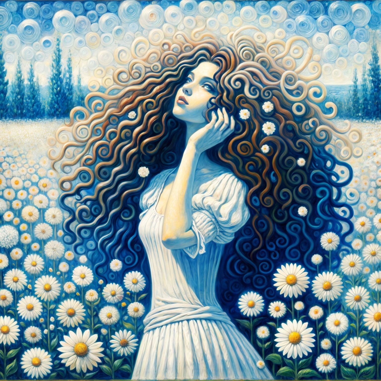 Dreamlike Illustration of a Woman in Daisies