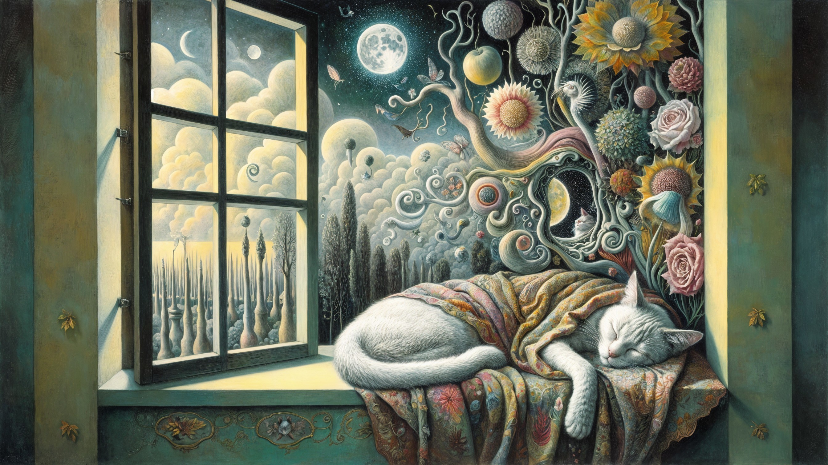 White Cat Sleeping on Colorful Blanket by Window