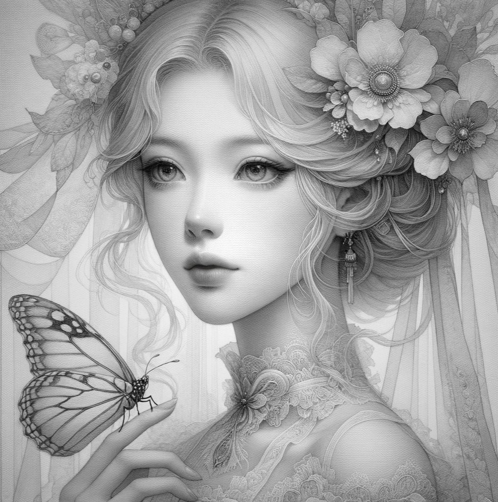 Graceful Woman with Butterfly and Floral Accents