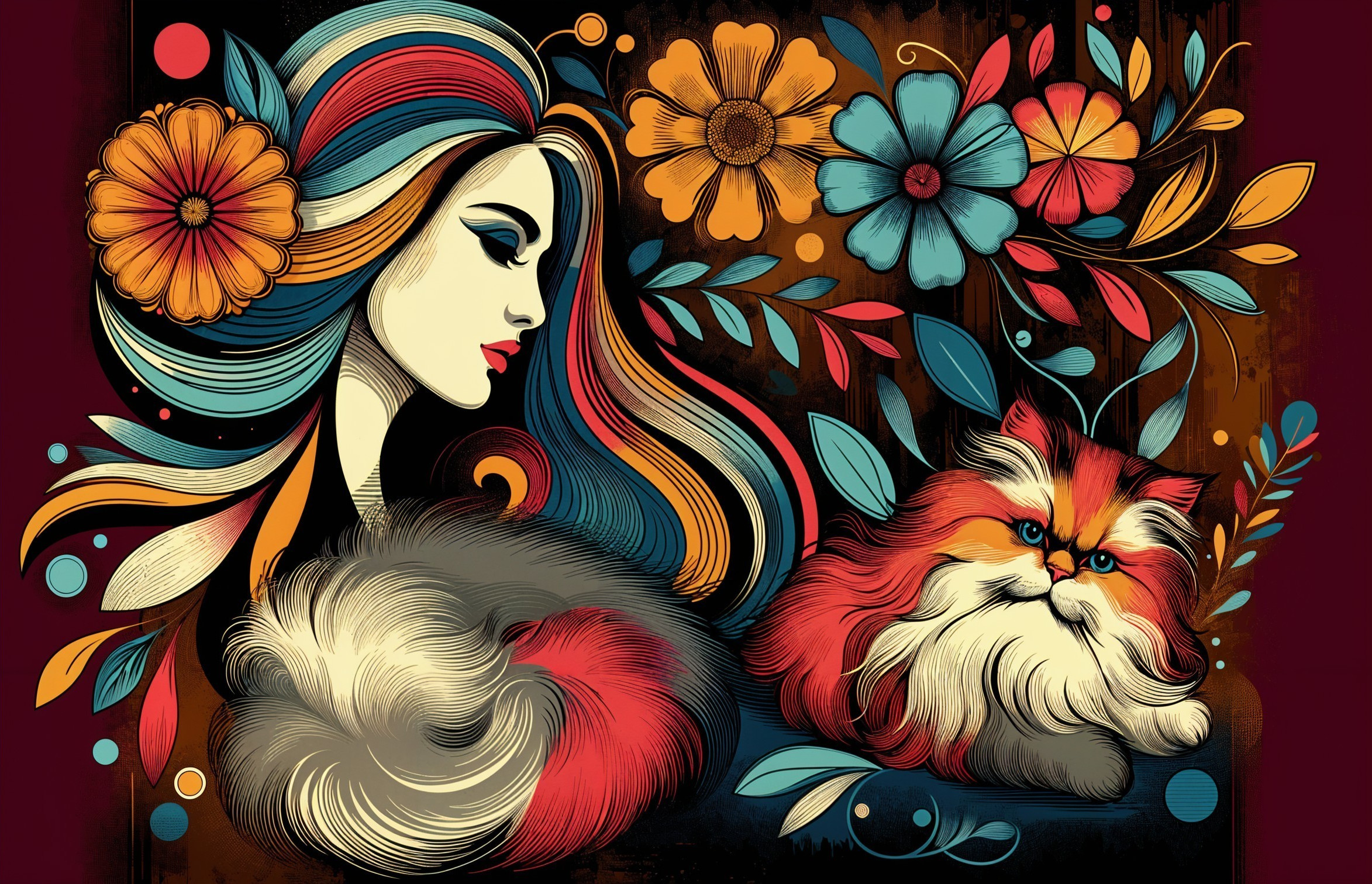 Vibrant illustration of a woman and expressive cat