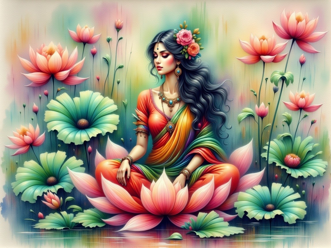 Woman on Pink Lotus Flower with Colorful Sari