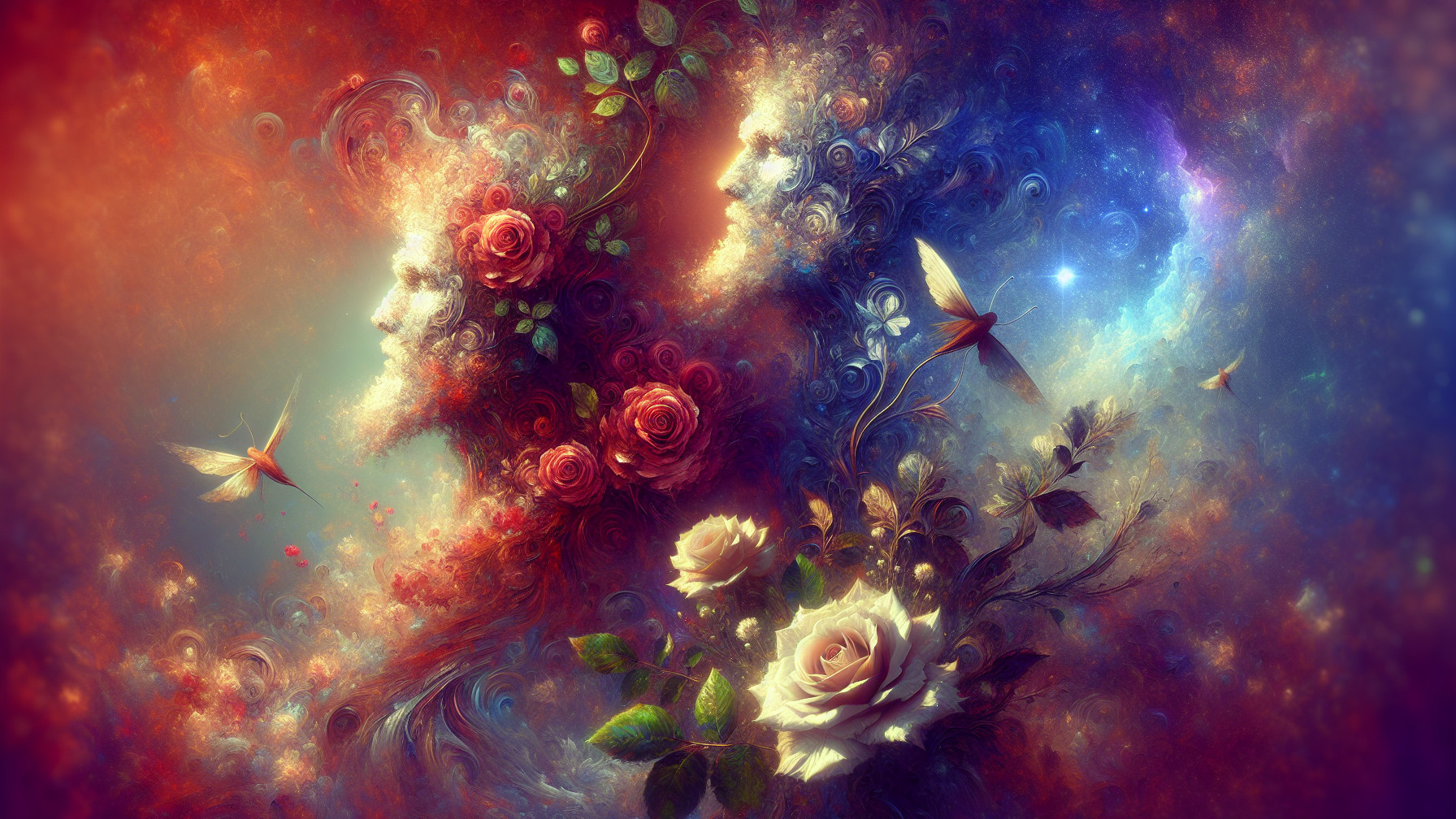 Surreal Artwork of Ethereal Faces and Colorful Backdrop