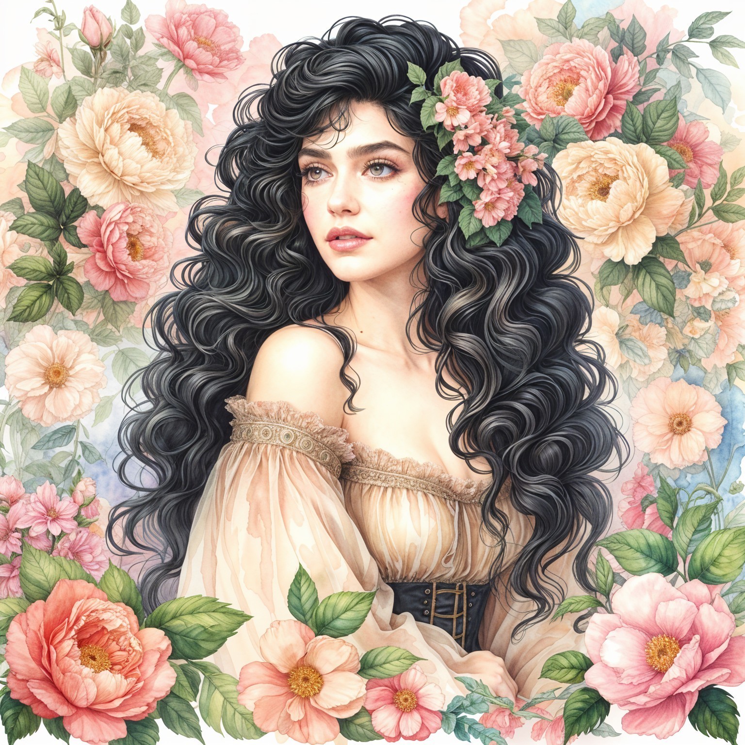 Young woman with black curls among vibrant flowers