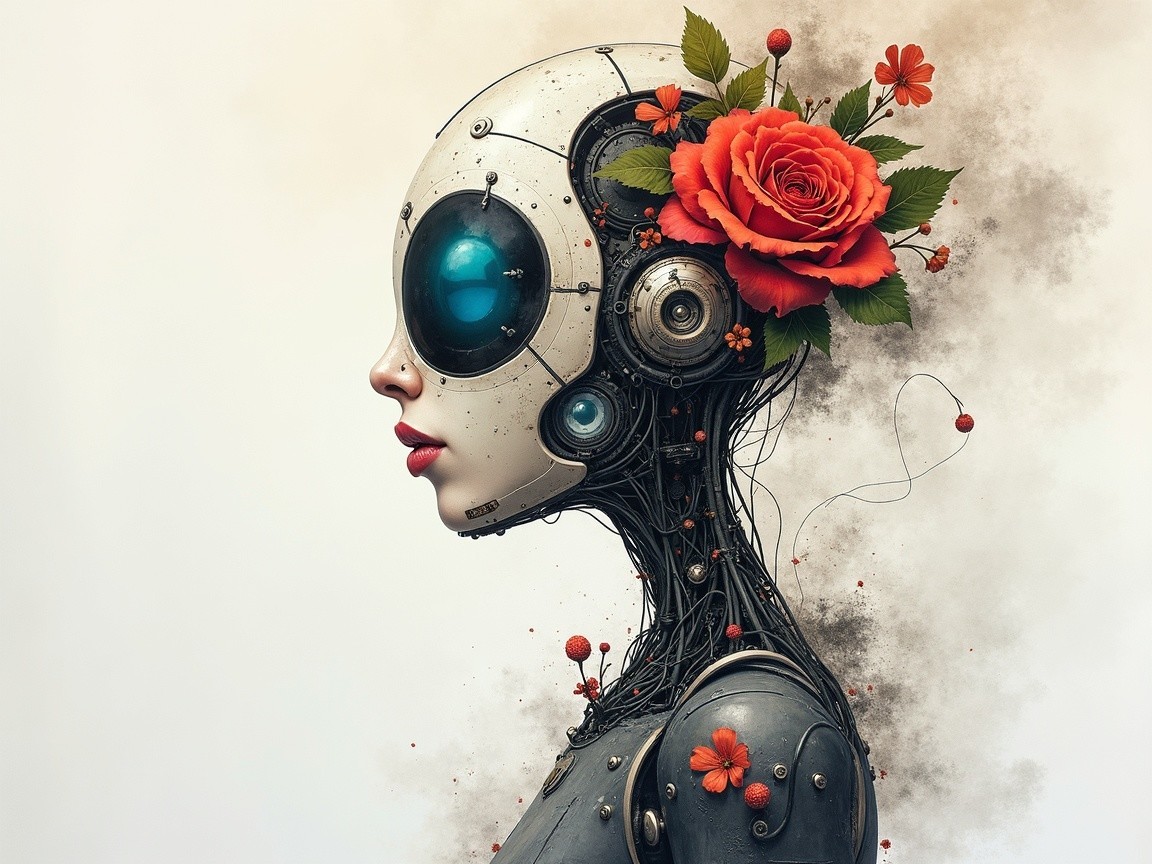 Futuristic Humanoid Robot with Floral Accents and Glow
