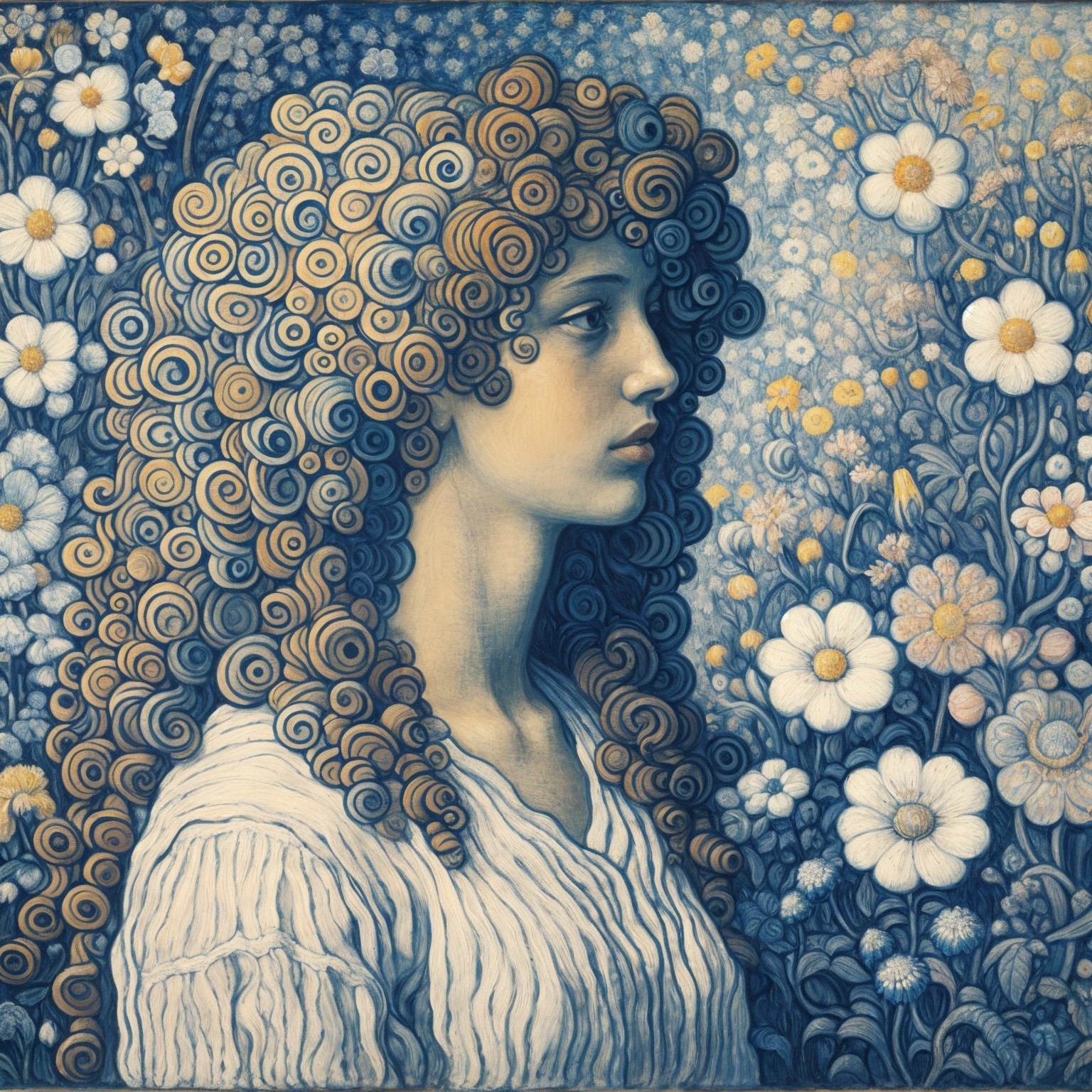 Young woman with curled hair among vibrant flowers