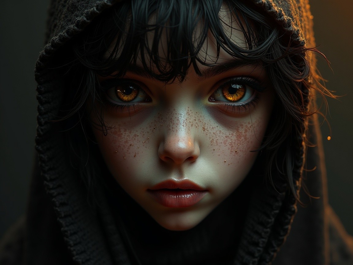 Portrait of a Young Girl with Amber Eyes and Freckles