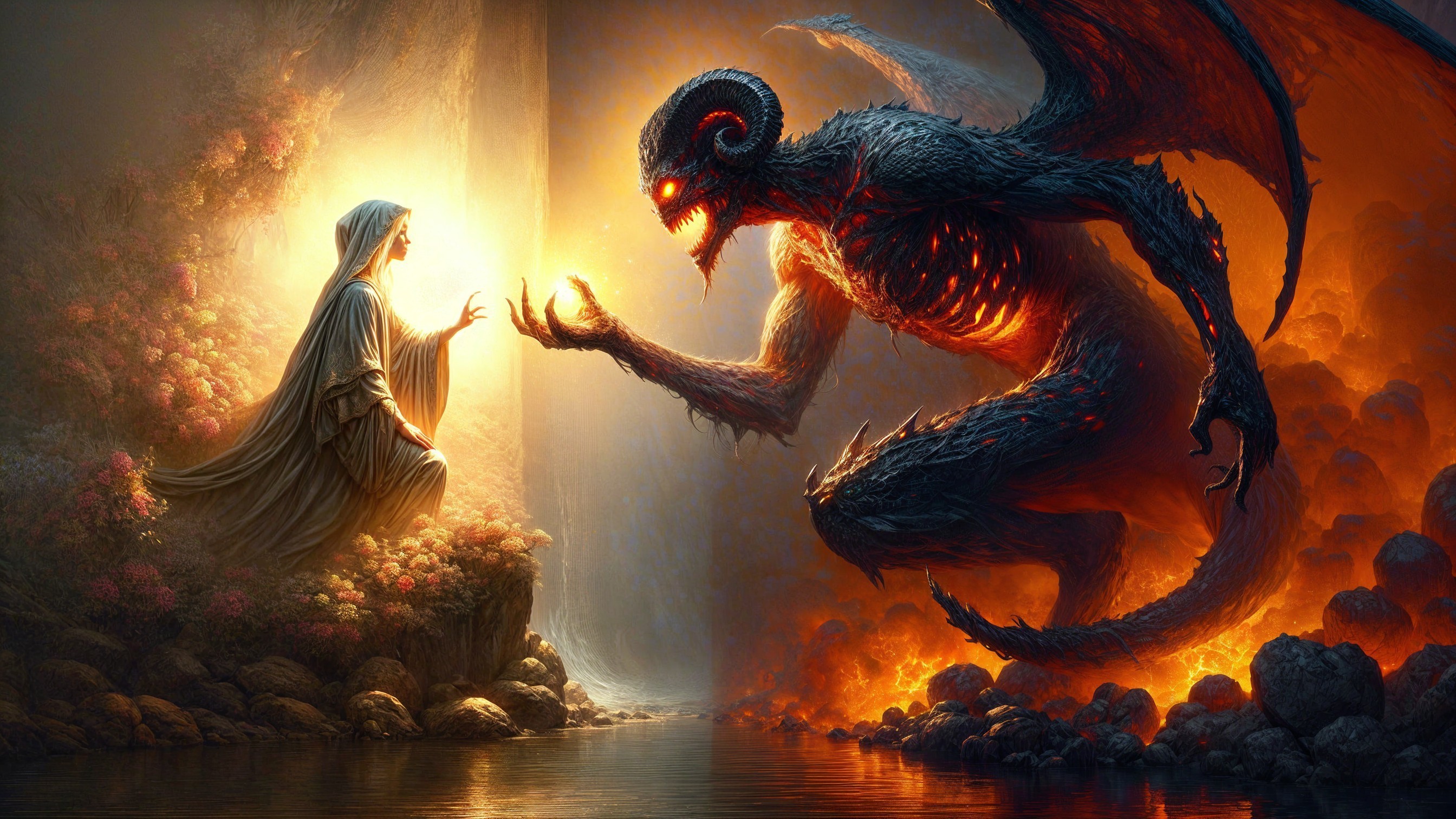 Serene Woman and Fearsome Demon in Mystical Setting
