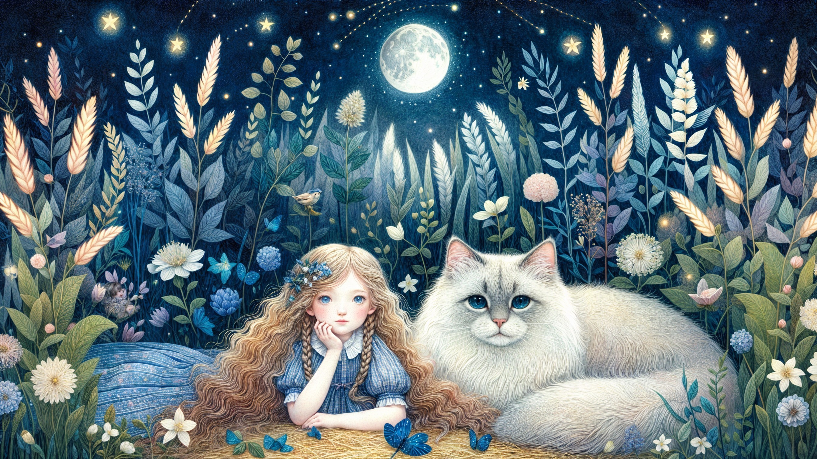 Nighttime Scene of a Girl and Cat Under the Moon