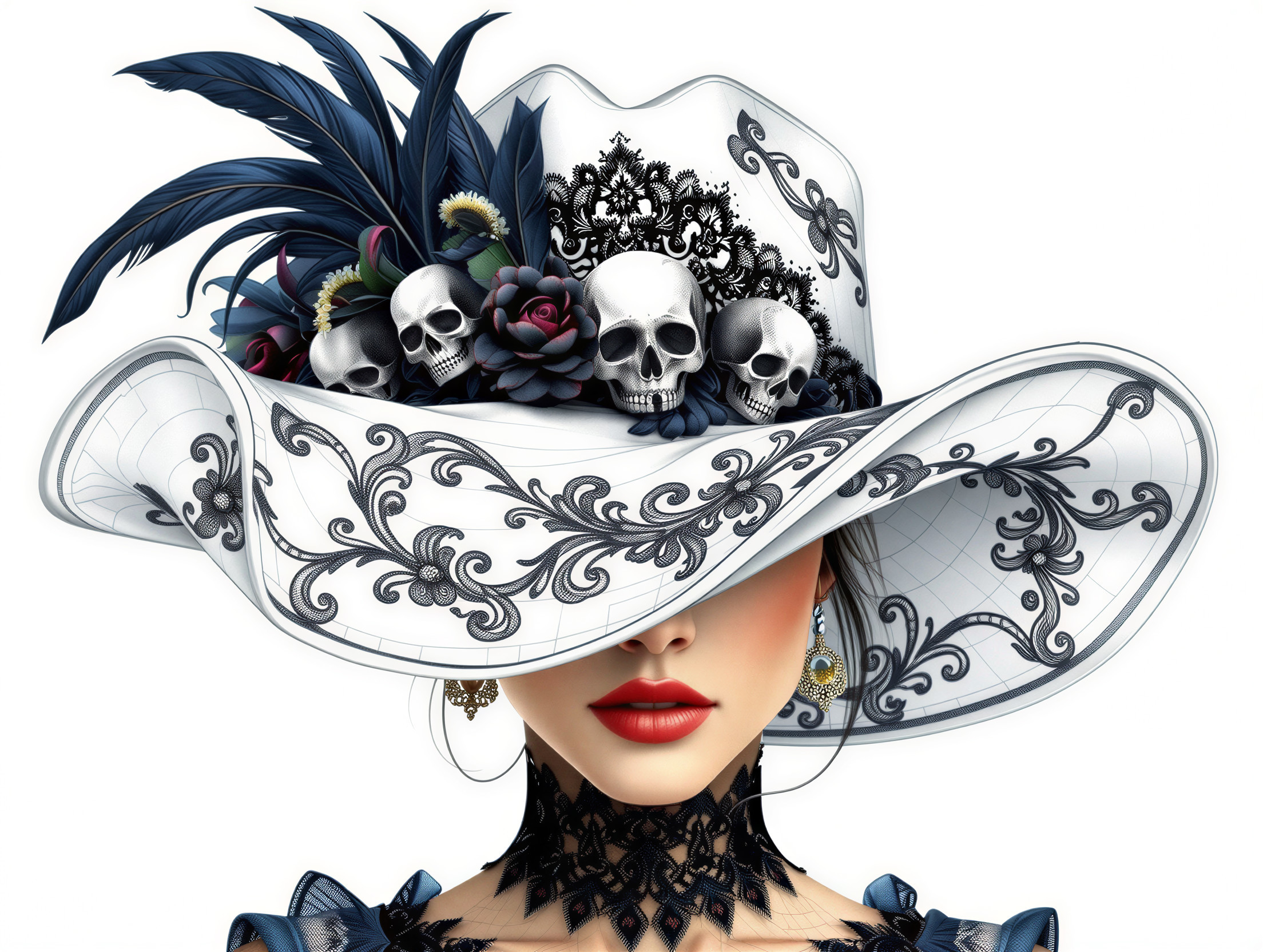 Elegant woman in wide-brimmed hat with floral designs