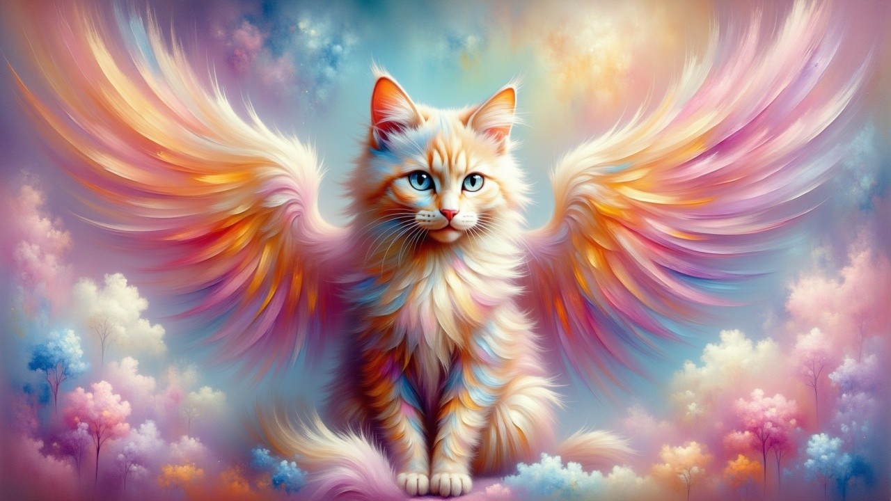 Majestic Cat with Colorful Wings in Dreamy Landscape