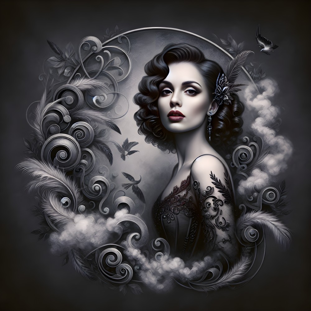 Elegant Woman with Dark Hair and Whimsical Elements