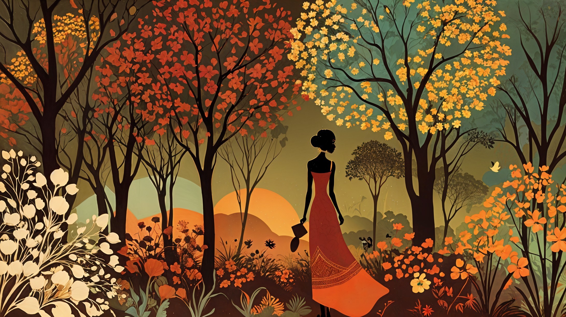 Silhouette of Woman in Red Dress in Autumn Forest