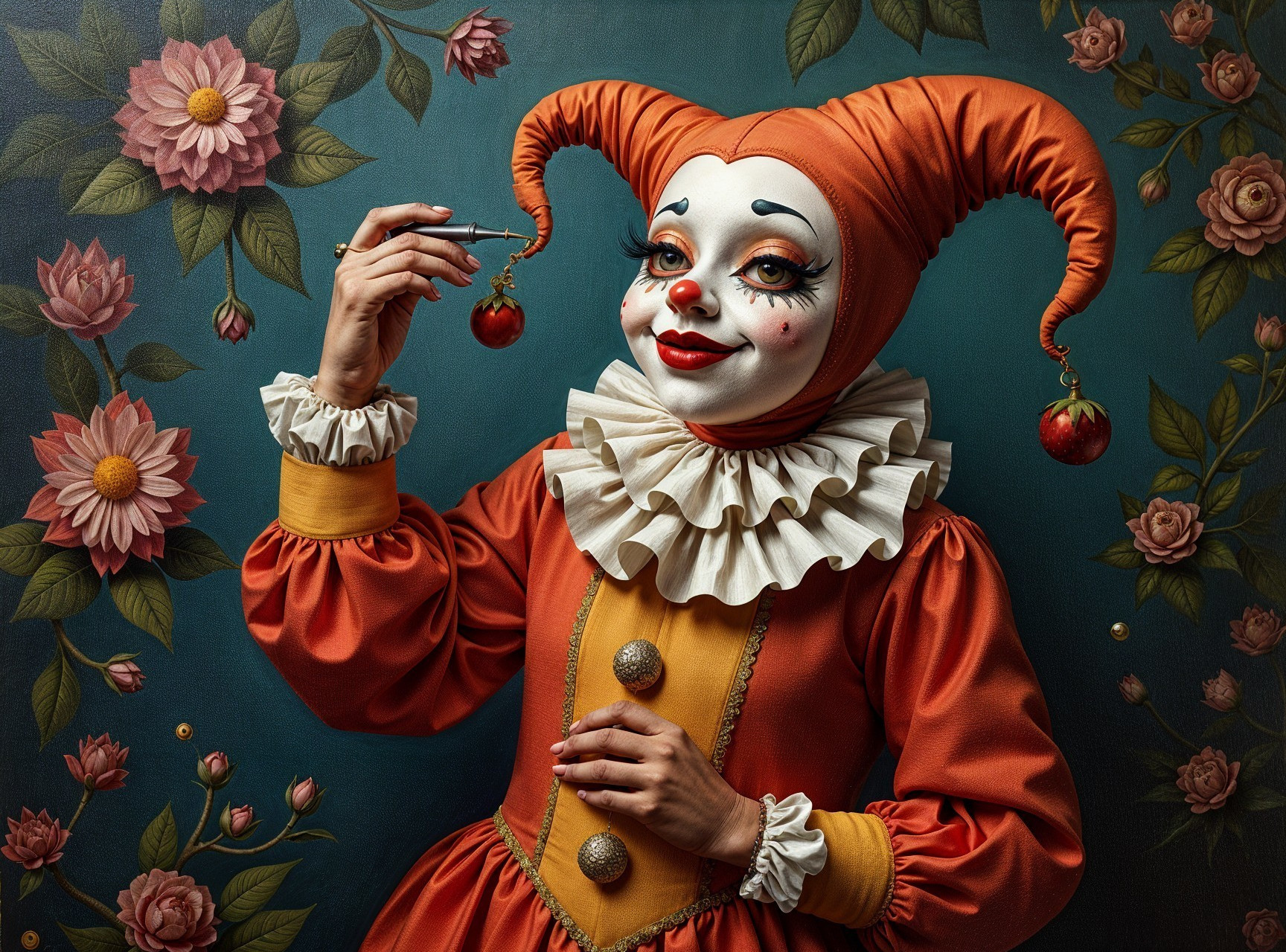 Vibrant Clown in Floral Background with Whimsical Costume