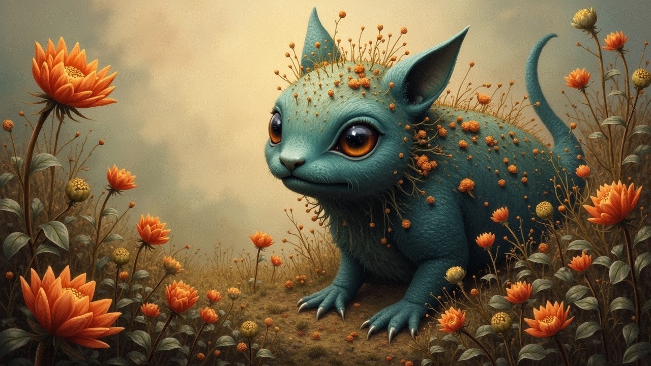Whimsical blue creature in an enchanted garden setting