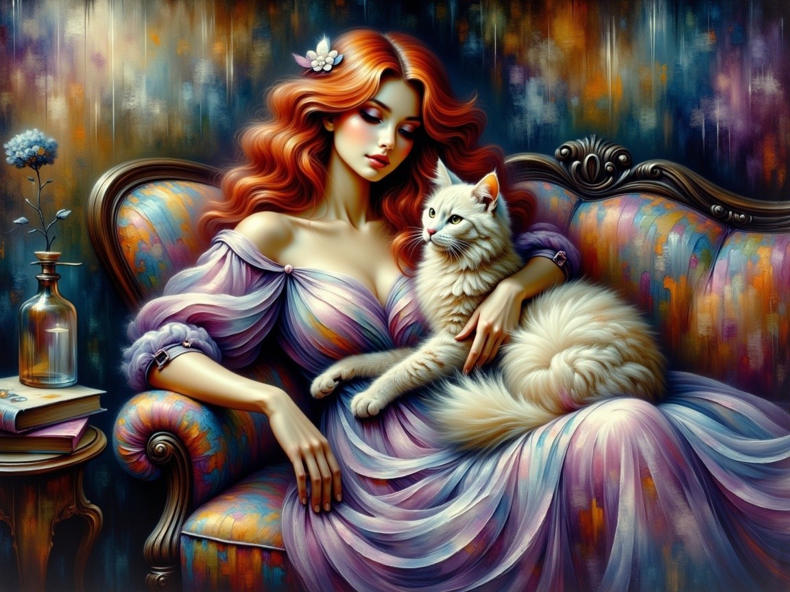 Elegant Woman with Red Hair and Cat on Couch