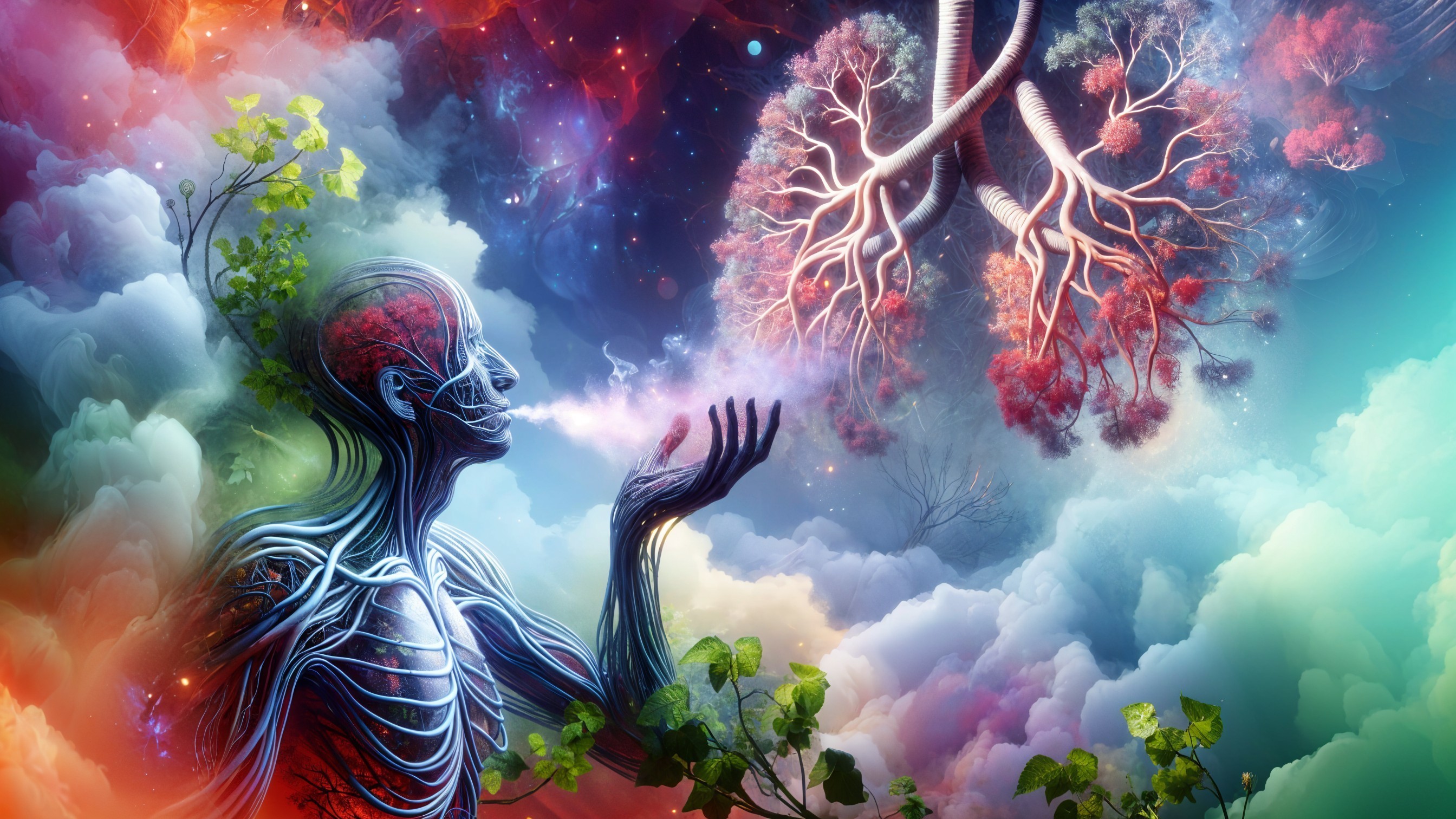 Translucent Figure with Colorful Lungs in Dreamlike Scene