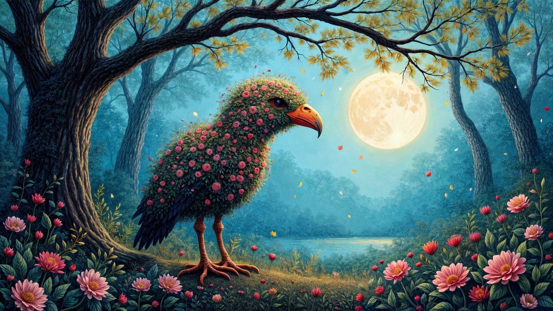 Majestic Bird in a Dreamlike Forest Landscape