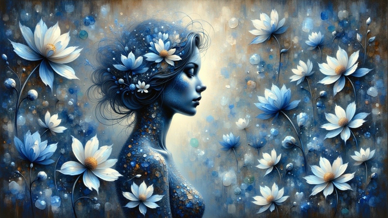 Blue-Hued Artwork of Woman with Floral Background