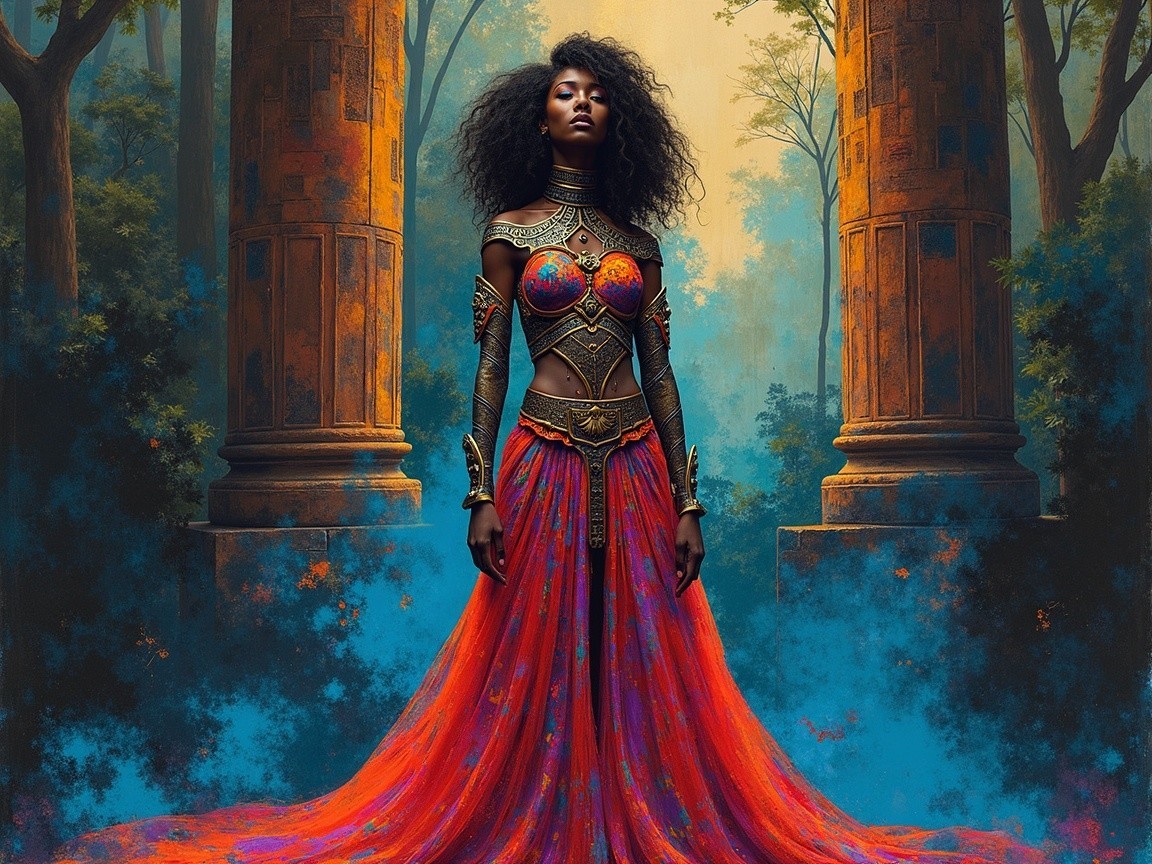 Majestic figure in ornate gown in mystical forest setting